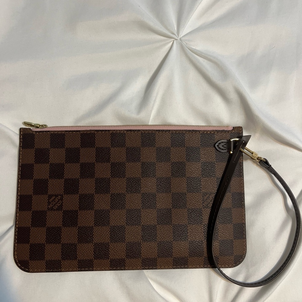 Authentic Louis Vuitton Neverfull Pochette Damier Ebene Brown Rose Ballerine